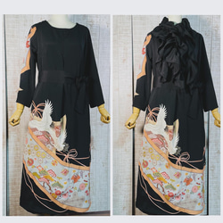 着物リメイク＊鶴＆松竹梅菊柄正絹黒留袖ワンピースM～L＆