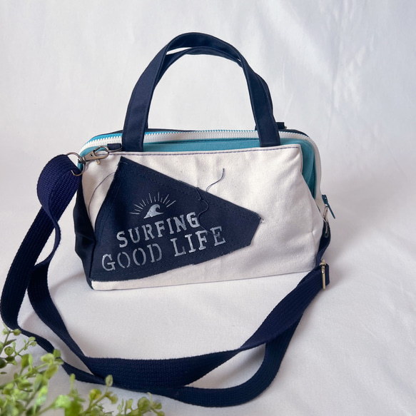 国産帆布 ワイヤー口金入りショルダーバッグ アザーブルー×濃紺×生成り