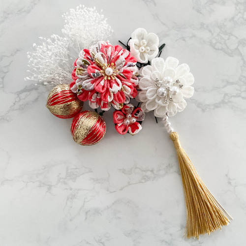 つまみ細工髪飾り 成人式 結婚式 和玉 ピンク 白 金 かすみ草 9点