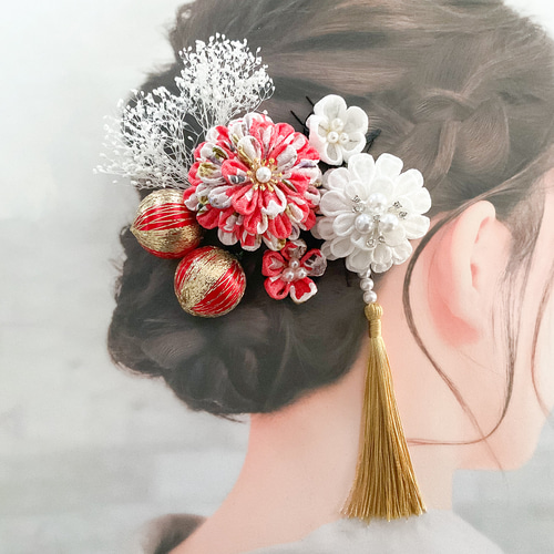 つまみ細工髪飾り 成人式 結婚式 和玉 ピンク 白 金 かすみ草 9点
