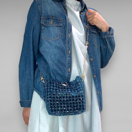 送料込】ビーズバッグ「Crystal」ブルー☆巾着袋付き