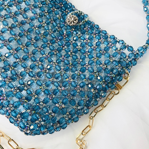 送料込】ビーズバッグ「Crystal」ブルー☆巾着袋付き