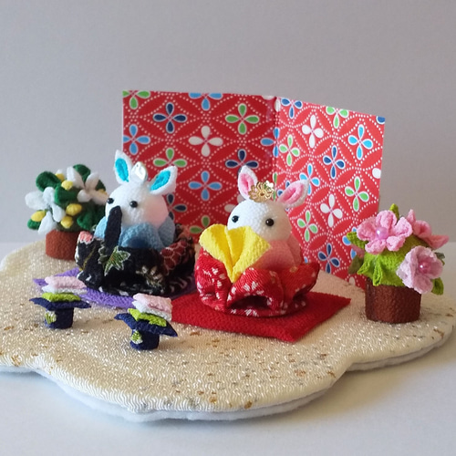 ひなまつり＊つまみ細工＊うさぎ雛＊桜＊橘＊菱餅＊桃白台紙 ひな人形