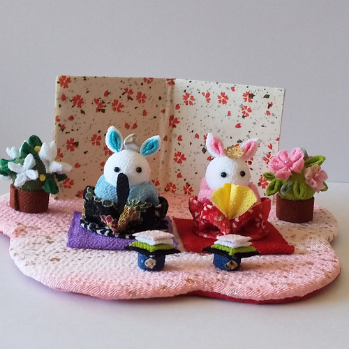 ひなまつり*つまみ細工*うさぎ雛*桜*橘*菱餅*桃ピンク台紙 ひなまつり*つまみ細工*うさぎ雛*桜*橘*菱餅*桃ピンク台紙