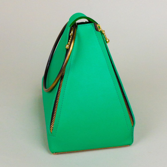 【受注生産】Real Leather Triangle bag 本革リングバッグ　グリーン 3枚目の画像
