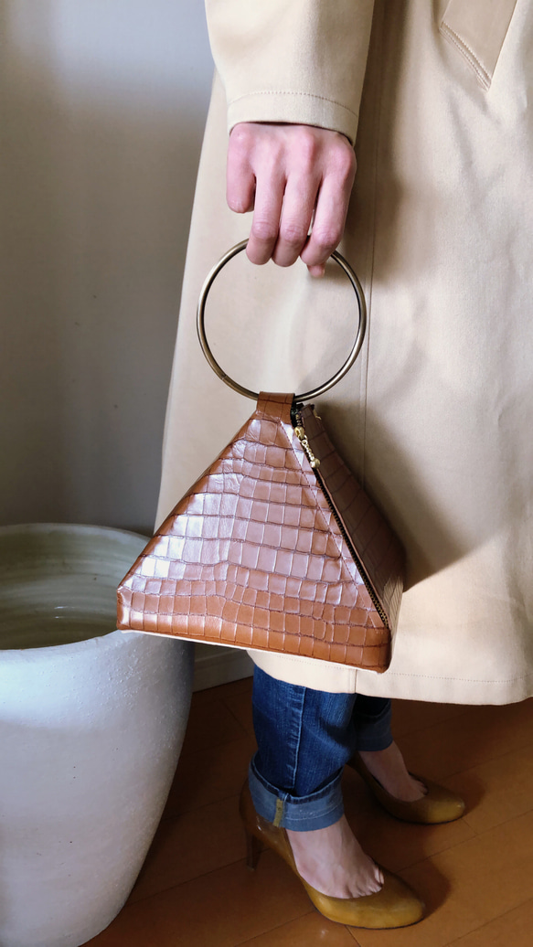 【受注生産】Real Leather Triangle bag 本革リングバッグ　グリーン 7枚目の画像