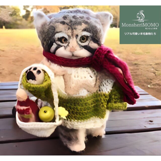 受注制作☆羊毛フェルトの花かごを持ったマヌルネコ