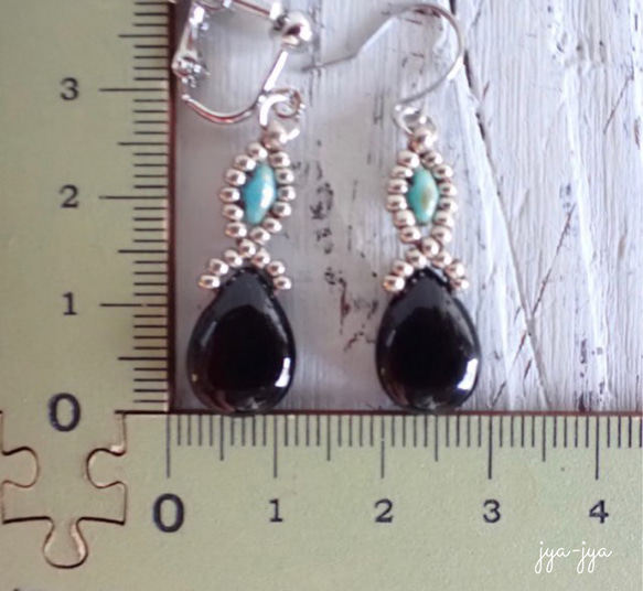 beads earrings ＊ Morion（黒水晶） turquoise 5枚目の画像