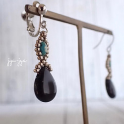 beads earrings ＊ Morion（黒水晶） turquoise 3枚目の画像