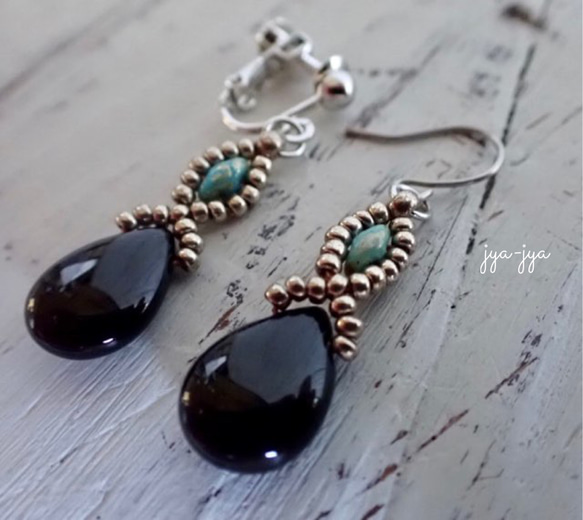 beads earrings ＊ Morion（黒水晶） turquoise 1枚目の画像