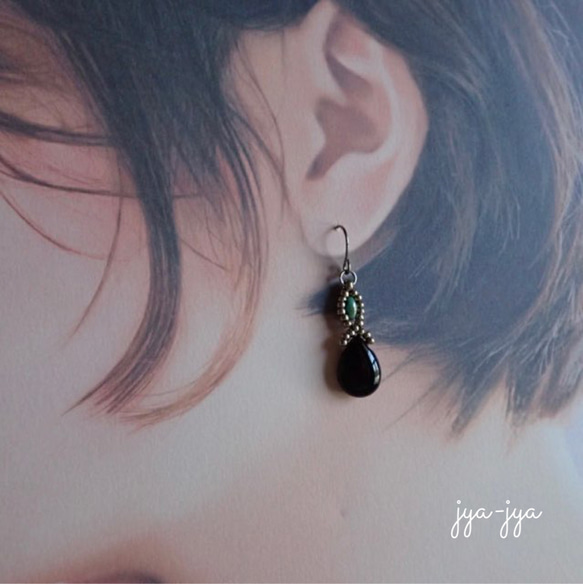 beads earrings ＊ Morion（黒水晶） turquoise 4枚目の画像