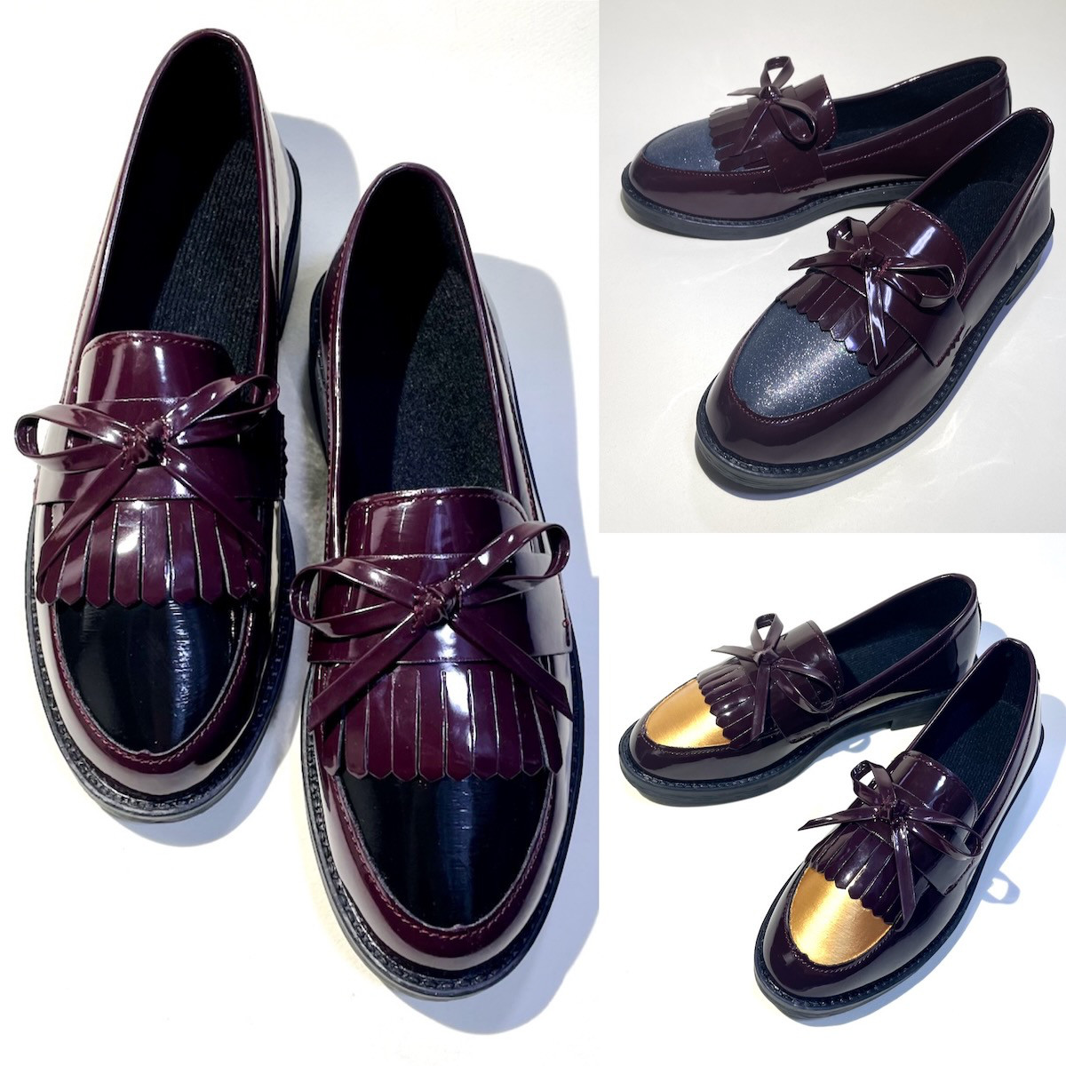 華奢なリボンが可愛いバイカラーキルトローファー (バーガンディー×エナメルブラック他) 22.0cm〜25.5cm