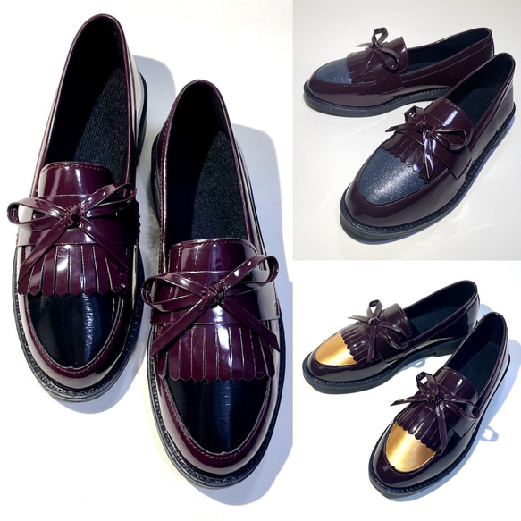 可愛的雙色絎縫樂福鞋，配上精緻的絲帶（酒紅色x 漆黑色等）22.0 厘米