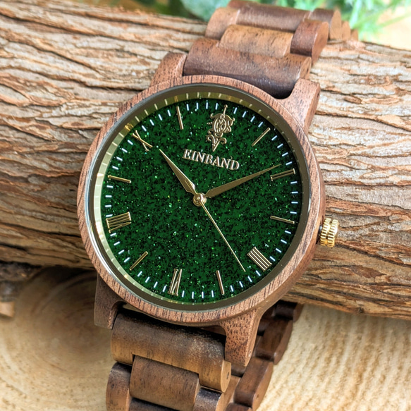 ハンドメイド 緑色 木製 腕時計 木製腕時計】EINBAND Reise グリーンサンドストーン × Walnut Wood 木