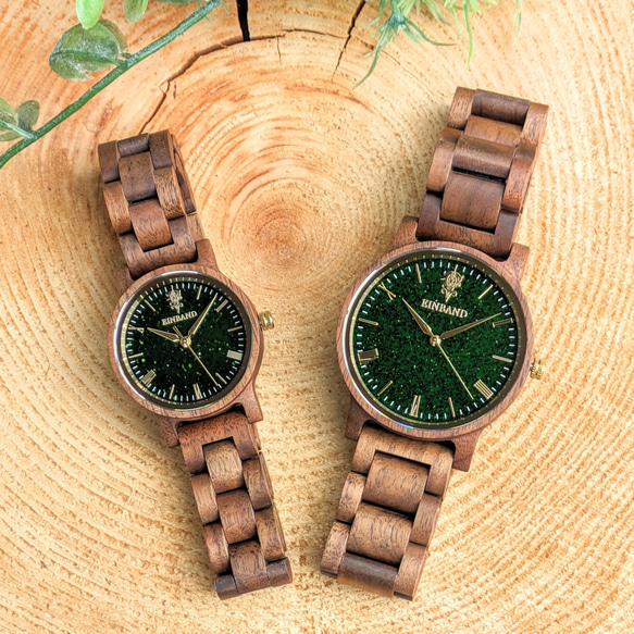 【木製腕時計】EINBAND Reise グリーンサンドストーン × Walnut Wood 木の時計【40mm】 6枚目の画像