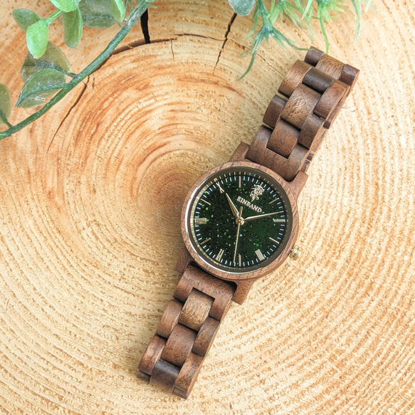 【木製腕時計】EINBAND Reise グリーンサンドストーン × Walnut Wood 木の時計【32mm】 3枚目の画像