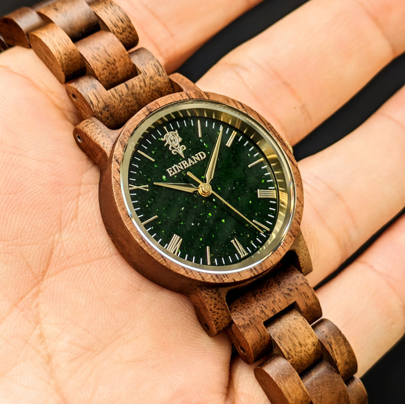 【木製腕時計】EINBAND Reise グリーンサンドストーン × Walnut Wood 木の時計【32mm】 4枚目の画像