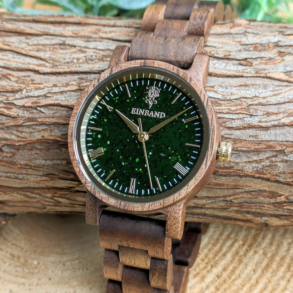 【木製腕時計】EINBAND Reise グリーンサンドストーン × Walnut Wood 木の時計【32mm】 1枚目の画像