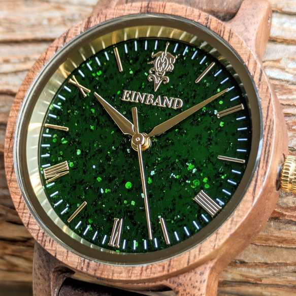 【木製腕時計】EINBAND Reise グリーンサンドストーン × Walnut Wood 木の時計【32mm】 2枚目の画像