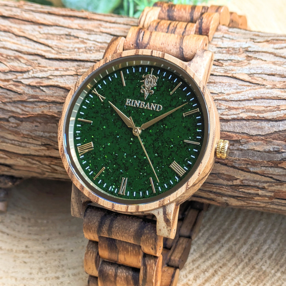 【木製腕時計】EINBAND Reise グリーンサンドストーン × Zebra Wood 木の時計【40mm】 1枚目の画像