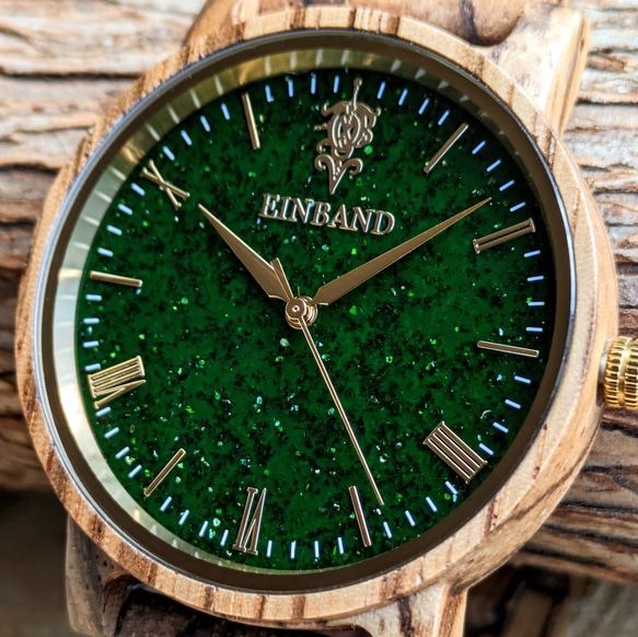 【木製腕時計】EINBAND Reise グリーンサンドストーン × Zebra Wood 木の時計【40mm】 2枚目の画像
