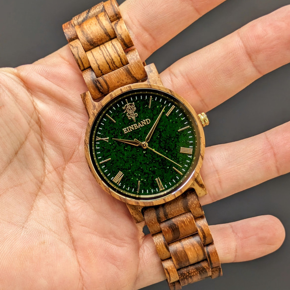 【木製腕時計】EINBAND Reise グリーンサンドストーン × Zebra Wood 木の時計【40mm】 5枚目の画像