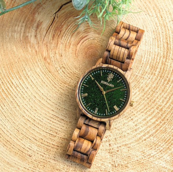 【木製腕時計】EINBAND Reise グリーンサンドストーン × Zebra Wood 木の時計【40mm】 3枚目の画像