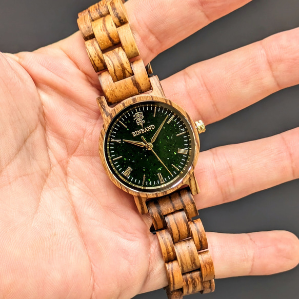 【木製腕時計】EINBAND Reise グリーンサンドストーン × Zebra Wood 木の時計【32mm】 5枚目の画像