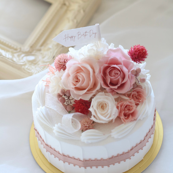 【メッセージ対応】フラワーケーキアレンジ〈プリザーブドフラワー・ドライフラワー〉誕生日祝い・結婚祝い・出産祝い等に♪ 4枚目の画像