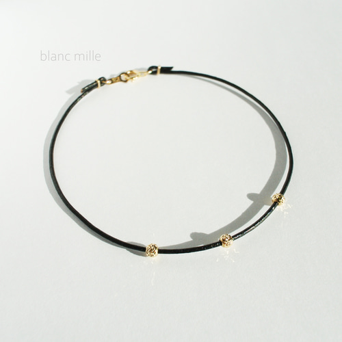 No.bl-c33○*K18ビーズ革紐ブレスレット○*18金 シンプル 18k