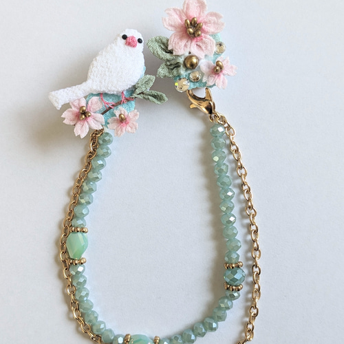 白文鳥さんと桜の襟クリップ、イヤリングの2WAYアクセサリー。つまみ