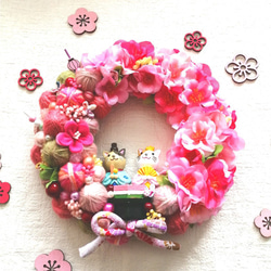 ピンクいっぱい❀毛糸玉と桃の花のひなまつり飾り　毛糸玉リース　ニットリース 4枚目の画像