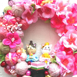 ピンクいっぱい❀毛糸玉と桃の花のひなまつり飾り　毛糸玉リース　ニットリース 5枚目の画像