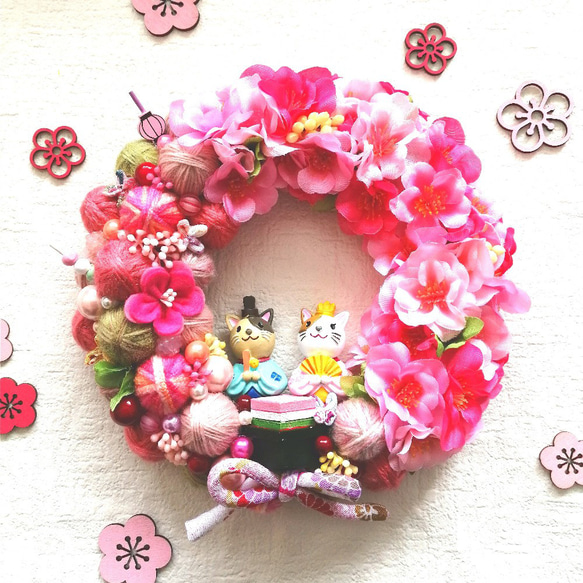 ピンクいっぱい❀毛糸玉と桃の花のひなまつり飾り　毛糸玉リース　ニットリース 1枚目の画像
