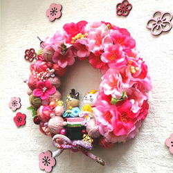 ピンクいっぱい❀毛糸玉と桃の花のひなまつり飾り　毛糸玉リース　ニットリース 3枚目の画像
