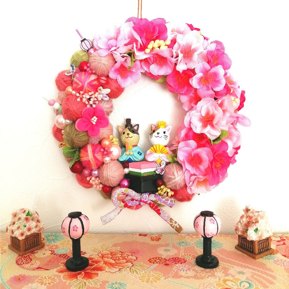 ピンクいっぱい❀毛糸玉と桃の花のひなまつり飾り　毛糸玉リース　ニットリース 6枚目の画像