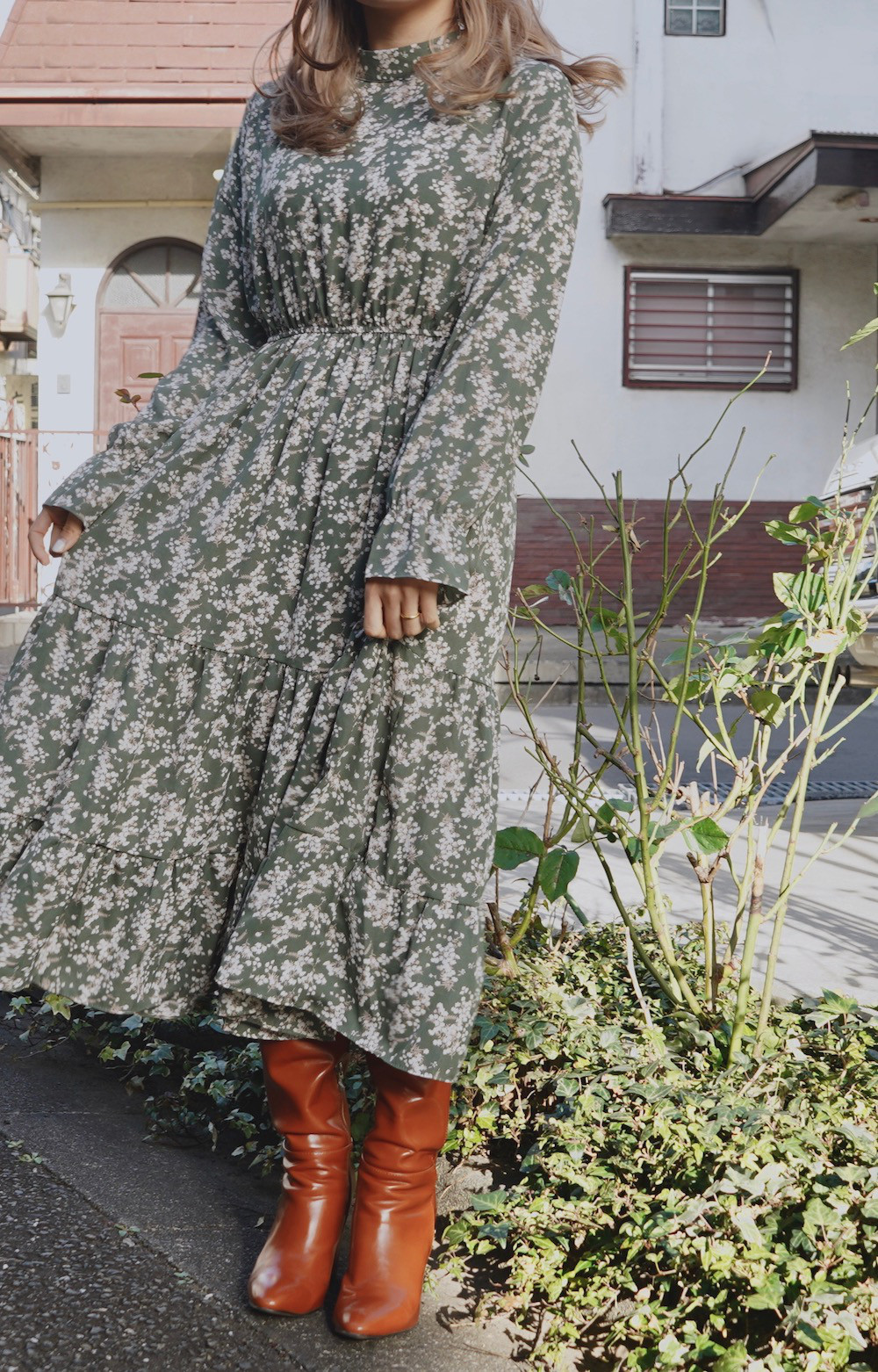 Flower Tiered Long Onepiece (light green) ロング丈ワンピース グリーン 緑