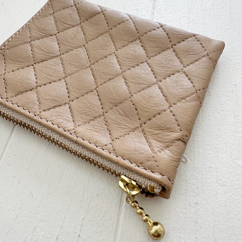 コンパクト L字財布 ミニ 本革 キルティング 型押し ベージュ