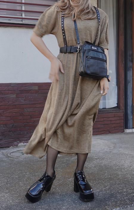 Puffsleeve A-Line Long Onepiece (beige) ロング丈ワンピース ブラウン 茶色