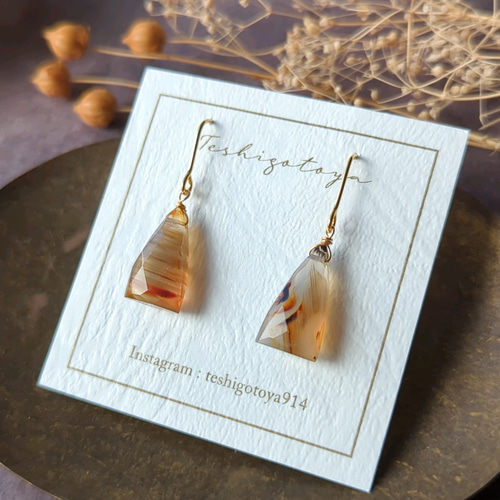 14kgfバンテッドアゲートピアス/イヤリング 希少 バンデッドアゲート AAA+ トライアングル ブリオレットカット