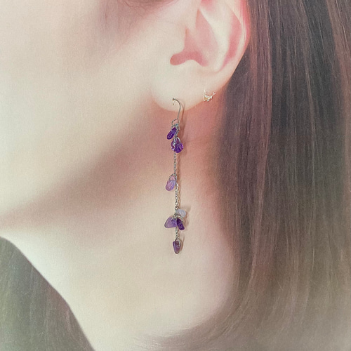 アメジストのロングイヤリング／ピアス 金属アレルギー対応 2月 誕生石 