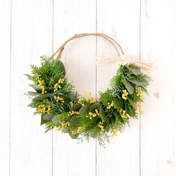 春色パールアカシアミモザのナチュラルリース 北欧インテリアに