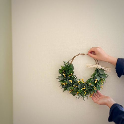 ミモザリース　パールアカシア　即購入可 春色パールアカシアミモザのナチュラルリース 北欧インテリアにも