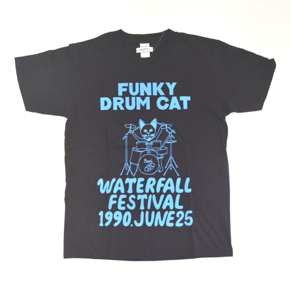 猫ツアーT「猫ドラム」（レコードワッペン）　ブラック　XLサイズ　夏　WATERFALLオリジナル　生産数量限定品