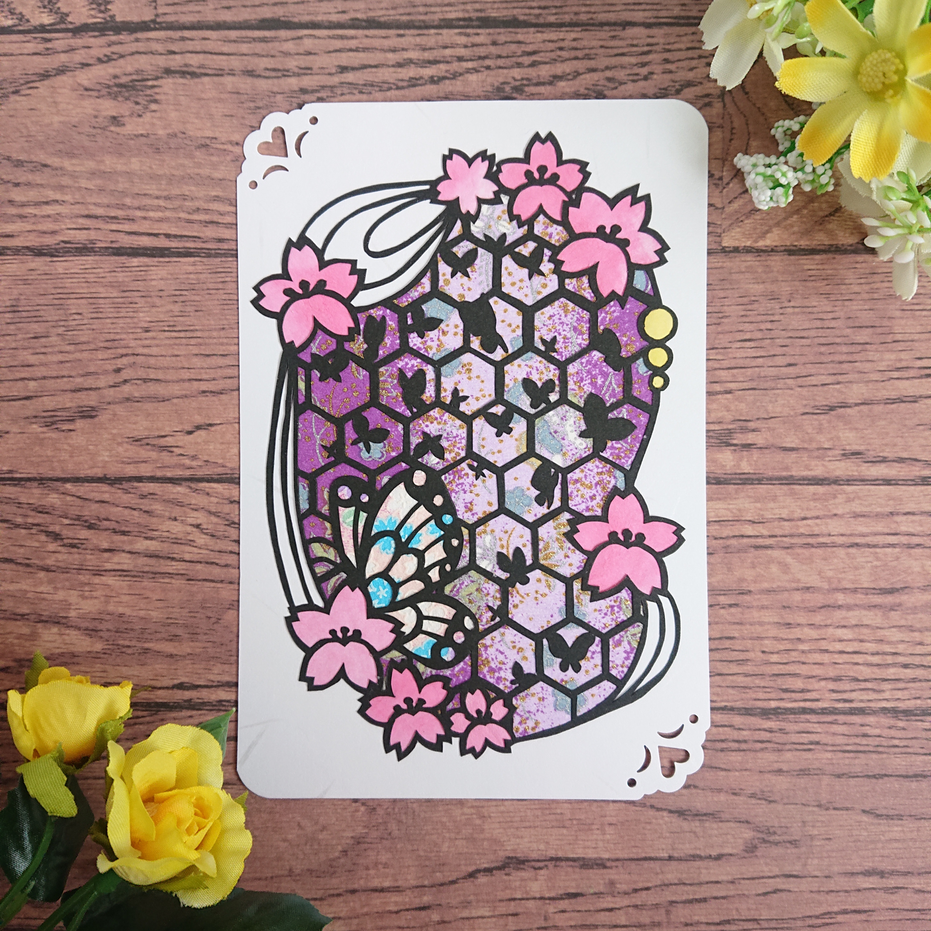 灯夜雪「アリスカード(カラーVer)」  切り絵アート 額付き B4サイズ 蝶と桜 妖艶紫 ポストカードサイズ【切り絵】 切り絵 ななぱん