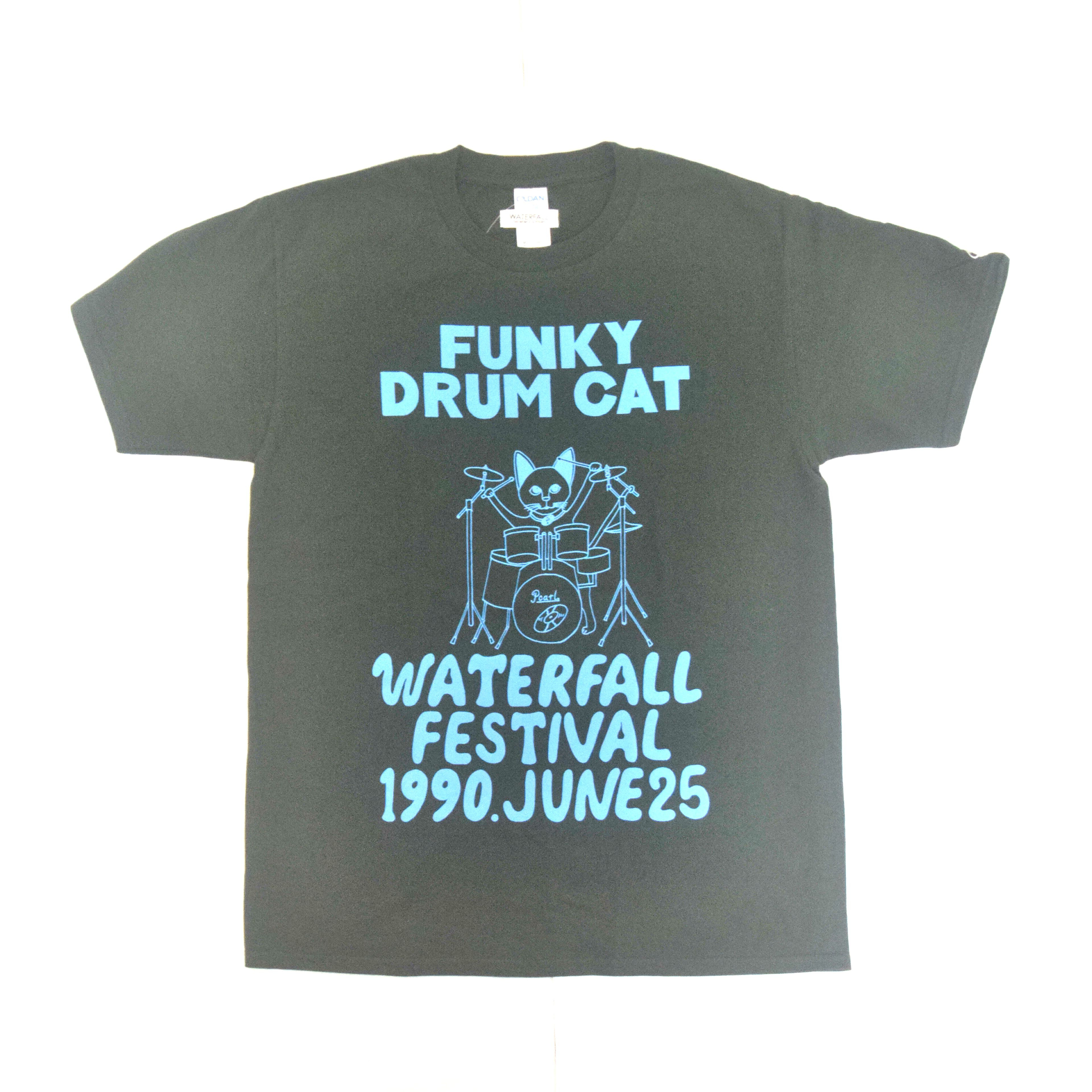 猫ツアーT「猫ドラム」（レコードワッペン）　モスグリーン　XLサイズ　22新色WATERFALLオリジナル　生産数量限定