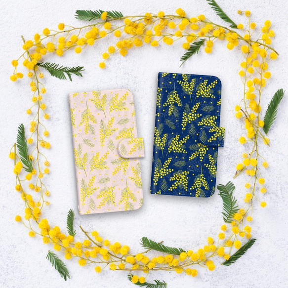 『春のミモザ』3カラー♪iPhone/android 多機種対応 スマホケース 手帳型 水彩 花柄 黄色 ネイビー 2枚目の画像