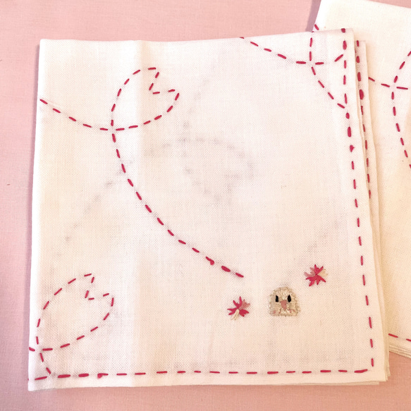 桜とインコの刺繍刺し子さらしふきん 2枚セット 7枚目の画像