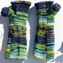 手編みの純毛ニット手袋/つま先の開いた手袋/内側起毛手袋/暖かい手袋 - 北欧のブルーとグリーンのグラデーションニット、友人、誕 2枚目の画像