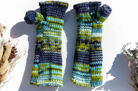 手編みの純毛ニット手袋/つま先の開いた手袋/内側起毛手袋/暖かい手袋 - 北欧のブルーとグリーンのグラデーションニット、友人、誕 2枚目の画像